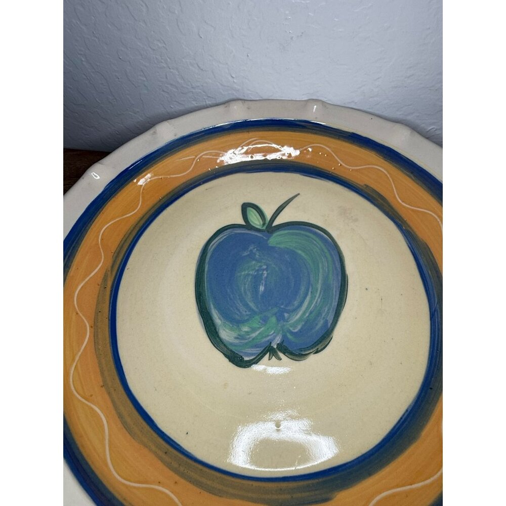 Hand-Painted Ceramic Pie Dish With Blue & Green Apple Design Orange & Blue